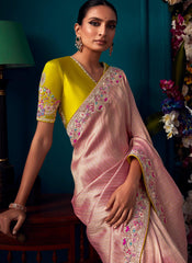 Baby Pink and Yellow Kanjivaram Soft Silk Saree