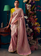 Baby Pink and Yellow Kanjivaram Soft Silk Saree