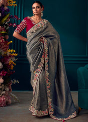 Dark Grey and Rani Kanjivaram Soft Silk Saree