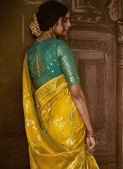 Woven Yellow and Blue Silk Saree