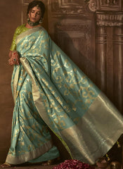 Woven Light Blue and Green Silk Saree