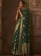 Woven Bottle Green and Yellow Silk Saree