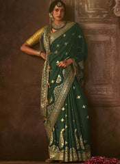 Woven Bottle Green and Yellow Silk Saree