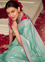 Sky Blue and Red Party Wear Organza Saree Starring Kajal Aggarwal