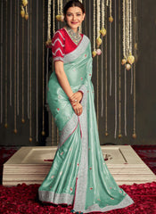 Sky Blue and Red Party Wear Organza Saree Starring Kajal Aggarwal