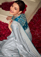 Grey and Blue Party Wear Organza Saree Starring Kajal Aggarwal