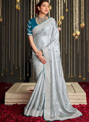 Grey and Blue Party Wear Organza Saree Starring Kajal Aggarwal