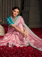 Pink and Blue Party Wear Organza Saree Starring Kajal Aggarwal