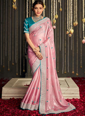Pink and Blue Party Wear Organza Saree Starring Kajal Aggarwal