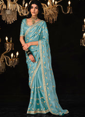 Blue Multi Embroidered Tissue Silk Saree