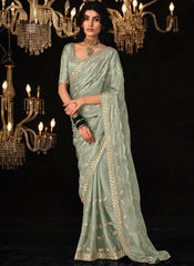 Grey Multi Embroidered Tissue Silk Saree