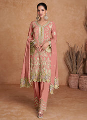 Peach Multi Embroidery Traditional Pant Style Suit