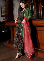 Black, Green and Red Ready to Wear Soft Muslin Silk Anarkali Suit
