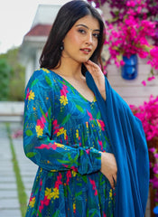 Blue Digital Printed Ready to Wear Muslin Silk Anarkali Suit