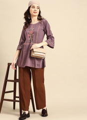 Purple Embroidered Viscose Blend Short Kurti