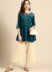 Teal Blue Embroidered Viscose Blend Short Kurti