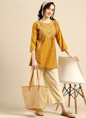 Mustard Yellow Embroidered Viscose Blend Short Kurti