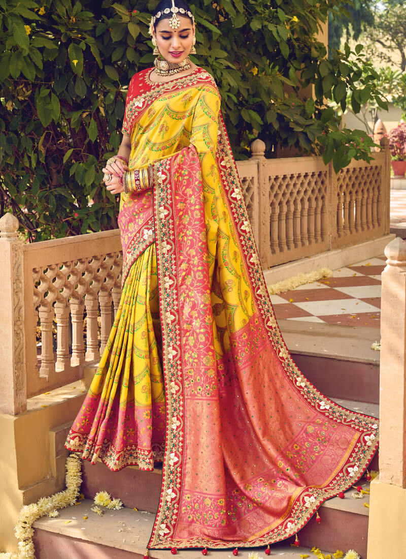 Elegant Yellow and Red Embellsihed Patola Silk Saree - nirshaa