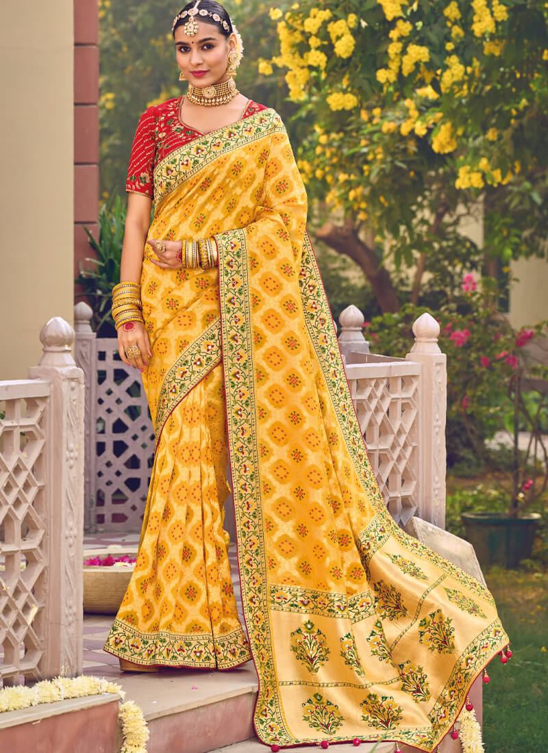 Traditional Yellow and Red Embellsihed Georgette Saree - nirshaa