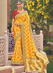 Traditional Yellow and Red Embellsihed Georgette Saree - nirshaa
