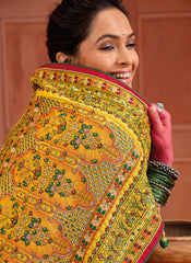 Yellow and Green Embroidered Banarasi Silk Saree