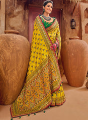 Yellow and Green Embroidered Banarasi Silk Saree