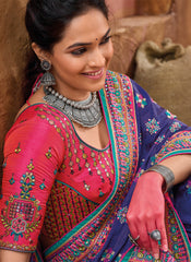 Purple and Rani Embroidered Banarasi Silk Saree