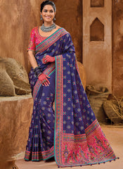 Purple and Rani Embroidered Banarasi Silk Saree