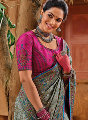 Mehendi Green and Magenta Embroidered Banarasi Silk Saree