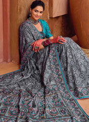Grey and Firozi Embroidered Banarasi Silk Saree