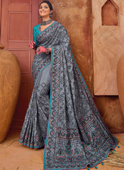 Grey and Firozi Embroidered Banarasi Silk Saree
