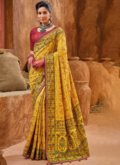 Yellow and Red Embroidered Banarasi Silk Saree