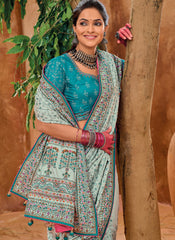 Light Grey and Blue Embroidered Banarasi Silk Saree