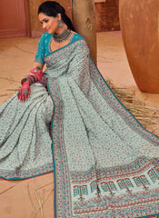 Light Grey and Blue Embroidered Banarasi Silk Saree