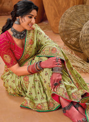 Green and Red Embroidered Banarasi Silk Saree