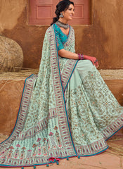 Pista Green and Blue Embroidered Banarasi Silk Saree