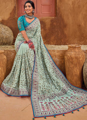 Pista Green and Blue Embroidered Banarasi Silk Saree