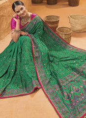 Green and Rani Banarasi Silk Kutchi Work Saree