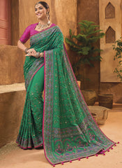 Green and Rani Banarasi Silk Kutchi Work Saree