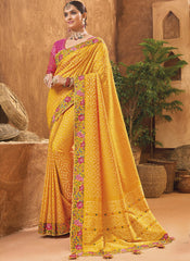 Mustard yellow and Rani Banarasi Silk Kutchi Work Saree