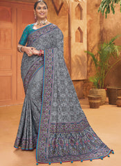 Grey and Blue Banarasi Silk Kutchi Work Saree