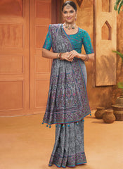 Grey and Blue Banarasi Silk Kutchi Work Saree