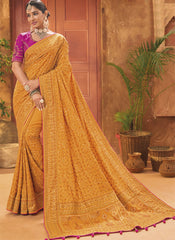 Mustard Yellow and Rani Banarasi Silk Kutchi Work Saree