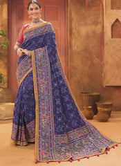 Blue and Rani Banarasi Silk Kutchi Work Saree