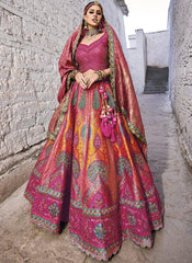 Magenta-Pink and Orange Banarasi Silk Jacquard Lehenga Choli