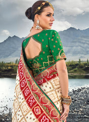 White , Red and Green Pure Gaji Banghej Saree in Georgette Satin