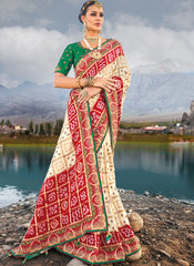 White , Red and Green Pure Gaji Banghej Saree in Georgette Satin