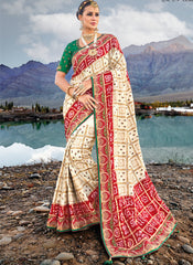 White , Red and Green Pure Gaji Banghej Saree in Georgette Satin