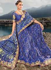 Royal Blue Pure Gaji Banghej Saree in Georgette Satin