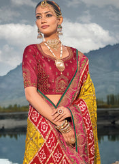 Traditional Mustard Yellow and Red Pure Gaji Banghej Saree in Georgette Satin